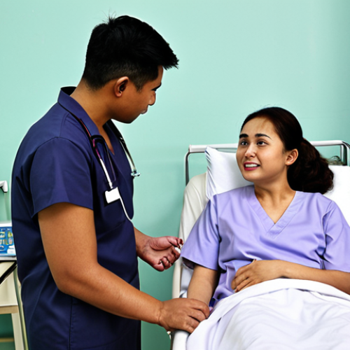 Home 20 **A physiotherapy student interacting empathetically with a patient in a hospital ward in Malaysia.** The scene should convey a clinical setting with medical equipment visible, but focused on the human connection and care being provided. Include diverse representation of Malaysian patients and healthcare professionals.