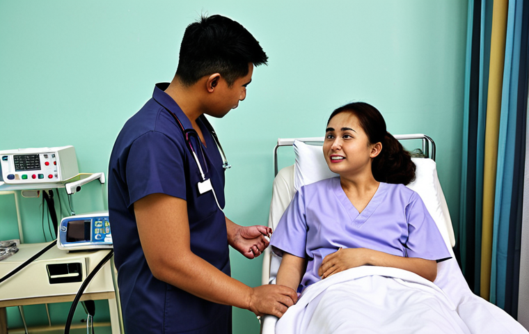 **A physiotherapy student interacting empathetically with a patient in a hospital ward in Malaysia.** The scene should convey a clinical setting with medical equipment visible, but focused on the human connection and care being provided. Include diverse representation of Malaysian patients and healthcare professionals.