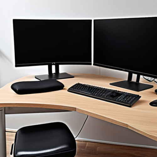 Home 19 **Ergonomic Workspace:** A physiotherapist's well-organized workspace with adjustable chair, monitor at eye level, proper lighting, and lumbar support cushion.