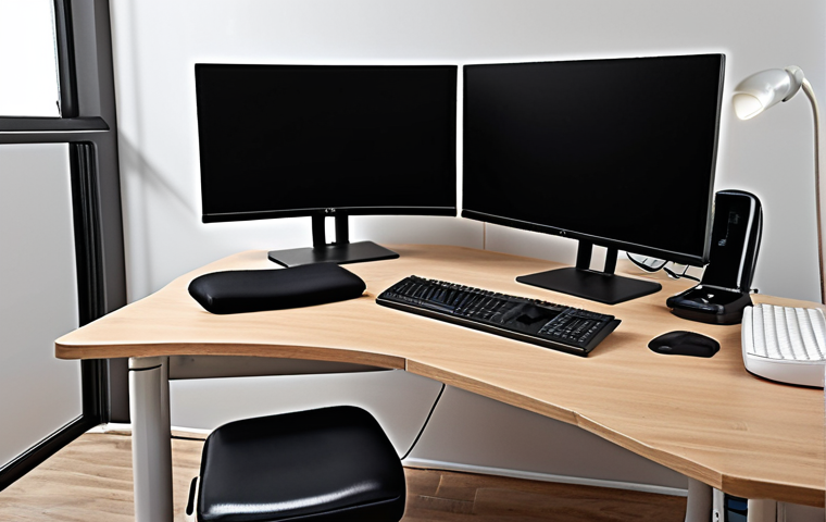 **Ergonomic Workspace:** A physiotherapist's well-organized workspace with adjustable chair, monitor at eye level, proper lighting, and lumbar support cushion.