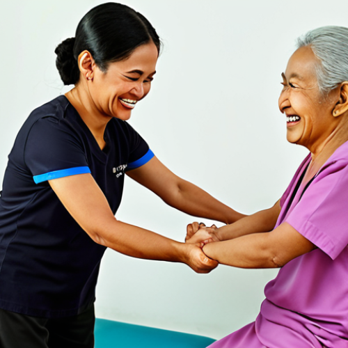 Home 18 **Image:** An elderly Malay woman, Puan Aminah, smiling while doing a simple strength exercise with a physiotherapist in a bright, comfortable clinic. Focus on the positive and encouraging atmosphere.