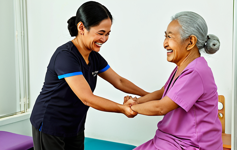 **Image:** An elderly Malay woman, Puan Aminah, smiling while doing a simple strength exercise with a physiotherapist in a bright, comfortable clinic. Focus on the positive and encouraging atmosphere.