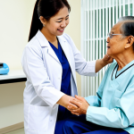 A compassionate professional Malaysian physiotherapist, wearing modest medical scrubs and a lab coat, gently guides an elderly female patient through a range of motion exercise in a modern, well-lit physiotherapy clinic in Malaysia. The patient, fully clothed in comfortable, appropriate attire, is seated, with the therapist providing gentle support to her arm. The scene emphasizes trust, empathy, and professional care. The background shows subtle, contemporary clinic elements. Professional photography, high resolution, realistic, natural lighting, perfect anatomy, correct proportions, well-formed hands, proper finger count, natural body proportions, safe for work, appropriate content, fully clothed, professional, family-friendly.