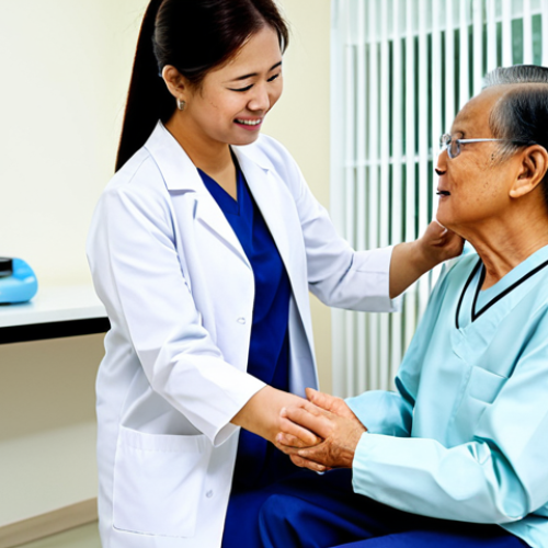 A compassionate professional Malaysian physiotherapist, wearing modest medical scrubs and a lab coat, gently guides an elderly female patient through a range of motion exercise in a modern, well-lit physiotherapy clinic in Malaysia. The patient, fully clothed in comfortable, appropriate attire, is seated, with the therapist providing gentle support to her arm. The scene emphasizes trust, empathy, and professional care. The background shows subtle, contemporary clinic elements. Professional photography, high resolution, realistic, natural lighting, perfect anatomy, correct proportions, well-formed hands, proper finger count, natural body proportions, safe for work, appropriate content, fully clothed, professional, family-friendly.