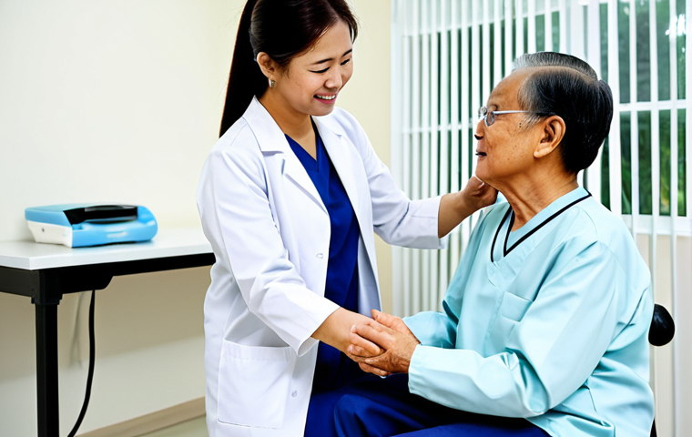 A compassionate professional Malaysian physiotherapist, wearing modest medical scrubs and a lab coat, gently guides an elderly female patient through a range of motion exercise in a modern, well-lit physiotherapy clinic in Malaysia. The patient, fully clothed in comfortable, appropriate attire, is seated, with the therapist providing gentle support to her arm. The scene emphasizes trust, empathy, and professional care. The background shows subtle, contemporary clinic elements. Professional photography, high resolution, realistic, natural lighting, perfect anatomy, correct proportions, well-formed hands, proper finger count, natural body proportions, safe for work, appropriate content, fully clothed, professional, family-friendly.