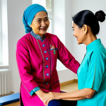 **

"A professional female physiotherapist in a modest, brightly colored baju kurung (traditional Malay dress), gently guiding a senior woman through a knee exercise in a well-lit physiotherapy clinic, various exercise equipment in the background, fully clothed, appropriate attire, safe for work, perfect anatomy, natural proportions, professional photography, high quality, family-friendly."

**