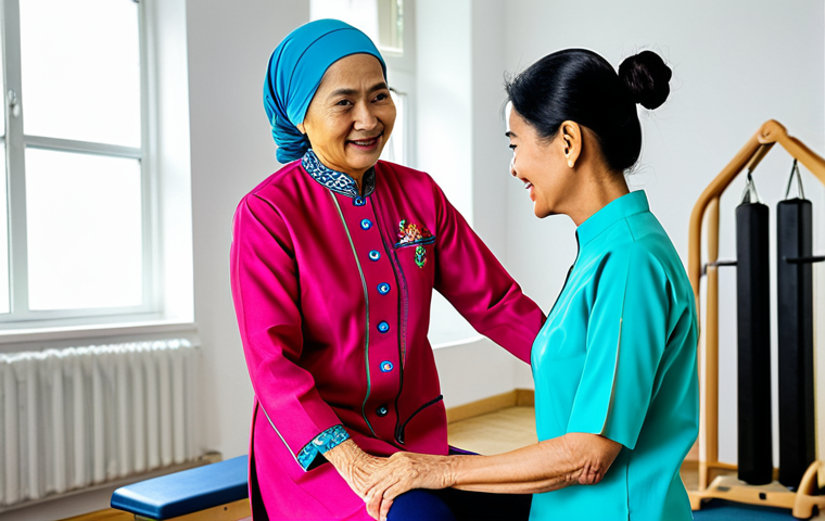 **

"A professional female physiotherapist in a modest, brightly colored baju kurung (traditional Malay dress), gently guiding a senior woman through a knee exercise in a well-lit physiotherapy clinic, various exercise equipment in the background, fully clothed, appropriate attire, safe for work, perfect anatomy, natural proportions, professional photography, high quality, family-friendly."

**