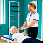 물리치료사의 최신 트렌드 - "A physiotherapist, fully clothed in professional attire, demonstrating a balance exercise to a seni...