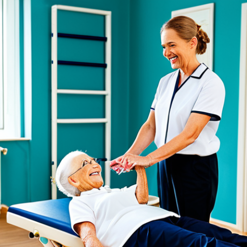 물리치료사의 최신 트렌드 - "A physiotherapist, fully clothed in professional attire, demonstrating a balance exercise to a seni...