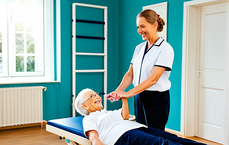 물리치료사의 최신 트렌드 - "A physiotherapist, fully clothed in professional attire, demonstrating a balance exercise to a seni...